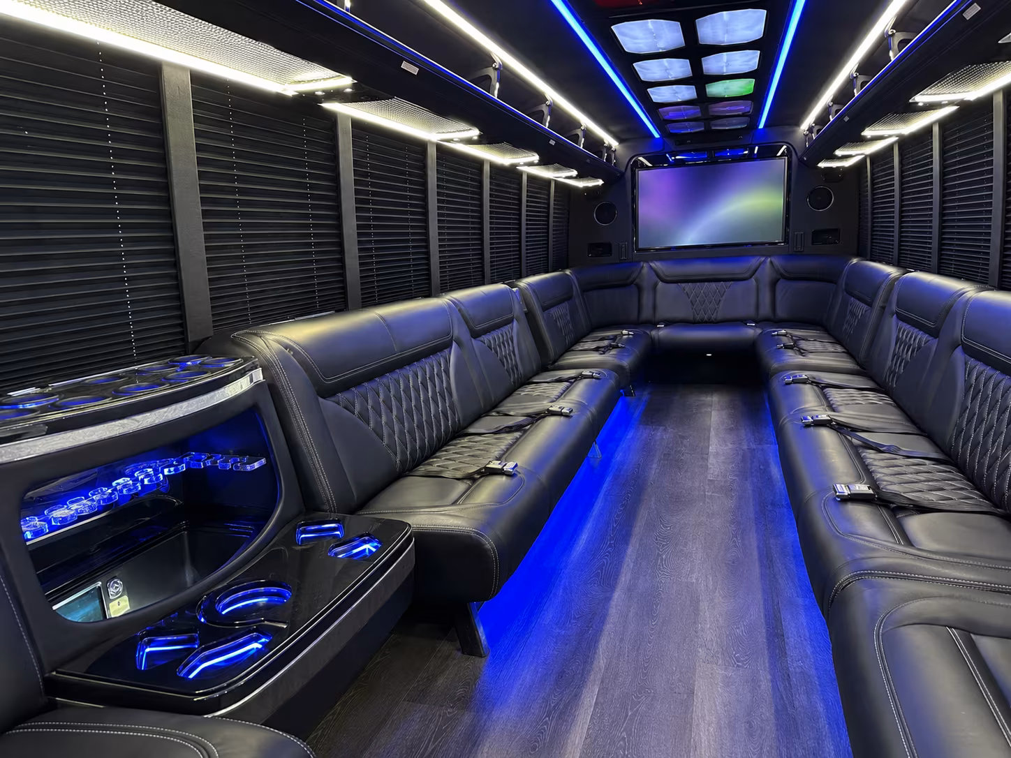 Group beside a Mercedes Sprinter limo in Alexandria