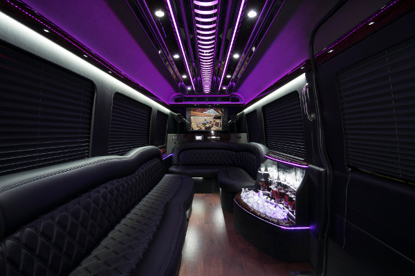 interior of party bus black leather